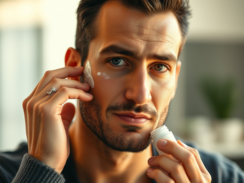 Man applying moisturizer for men to his face for hydration and healthy skin"