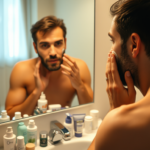 Man in front of the mirror starting his ultimate skincare routine